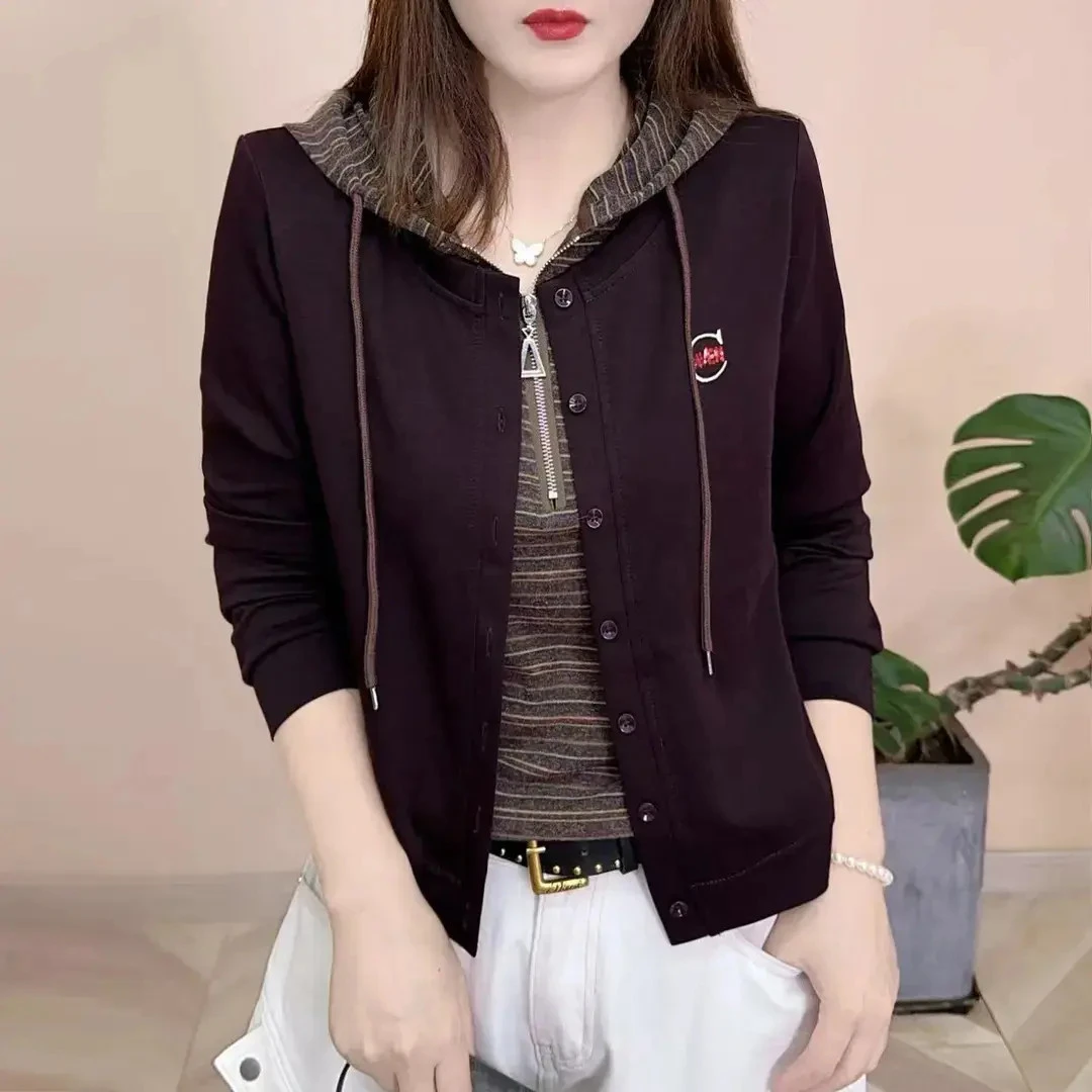 2025秋季新品时尚百搭修身显瘦假两件连帽卫衣女士长袖上衣8171