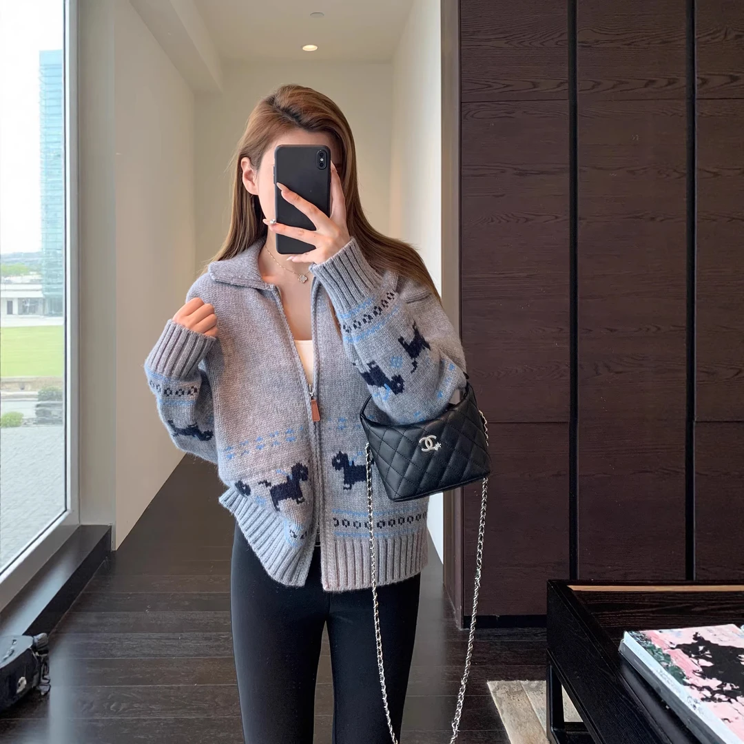 氛围感慵懒时髦提花针织开衫拉链翻领毛衣外套女25秋冬新G122108