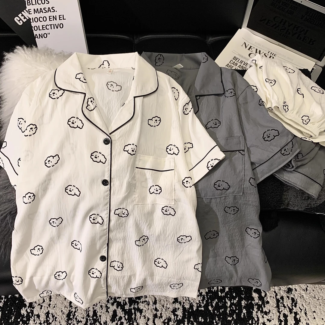 夏季情侣睡衣卡通大码宽松云朵棉短袖短裤云朵棉男女家居服套装