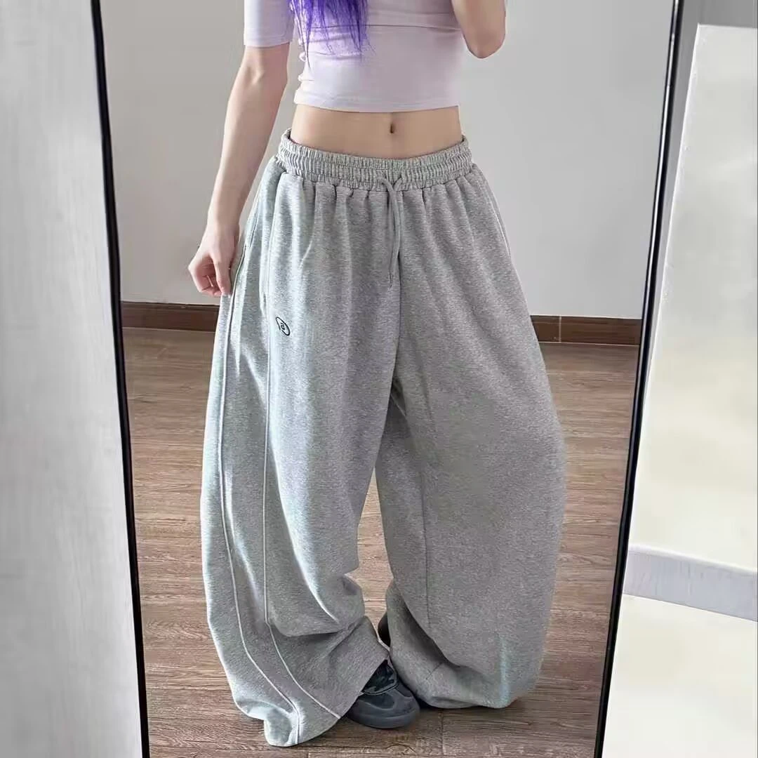 2025秋冬新款美式复古灰色条纹阔腿休闲卫裤女宽松爵士舞跳舞裤子