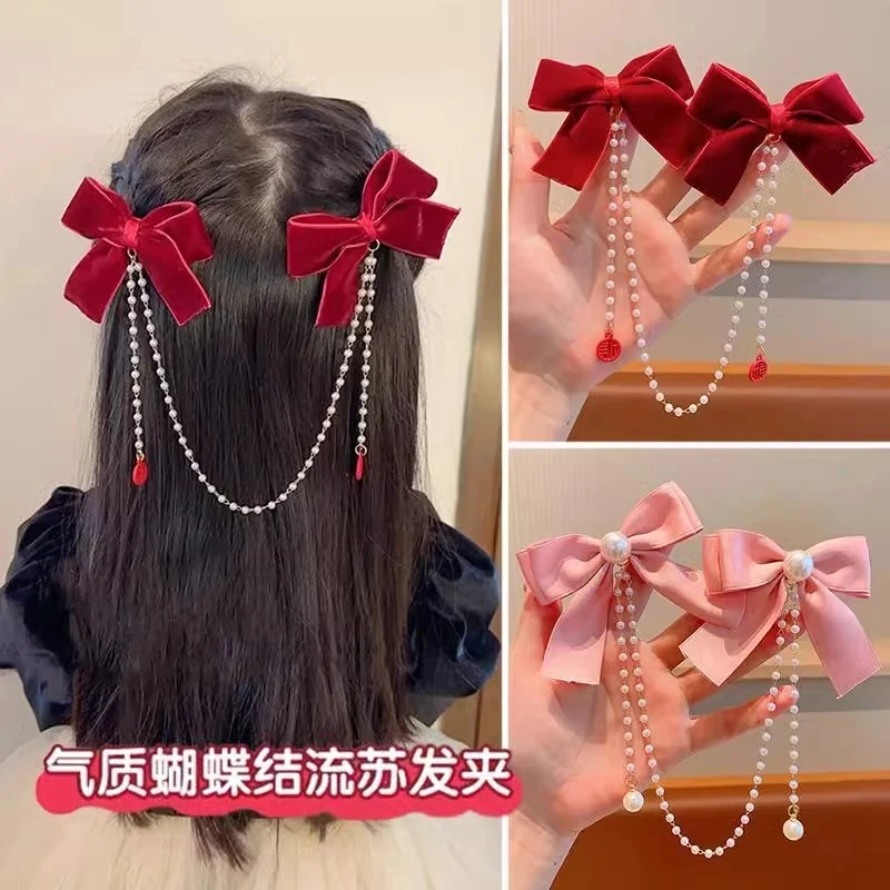 儿童蝴蝶结流苏发夹女2024秋冬新款夹子新年头饰国风过年发饰女童