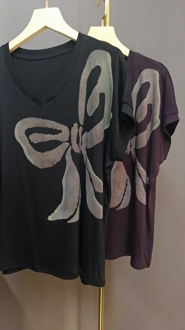 休闲风落肩袖蝴蝶结体恤