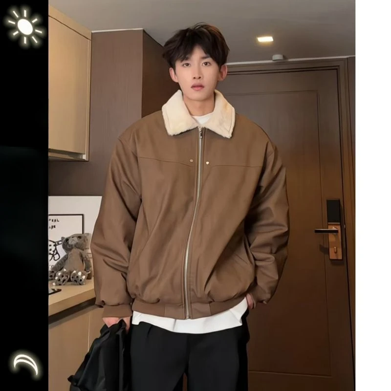 皮毛一体加绒加厚棉服外套男士秋冬季羊羔绒休闲宽松翻领工装棉衣