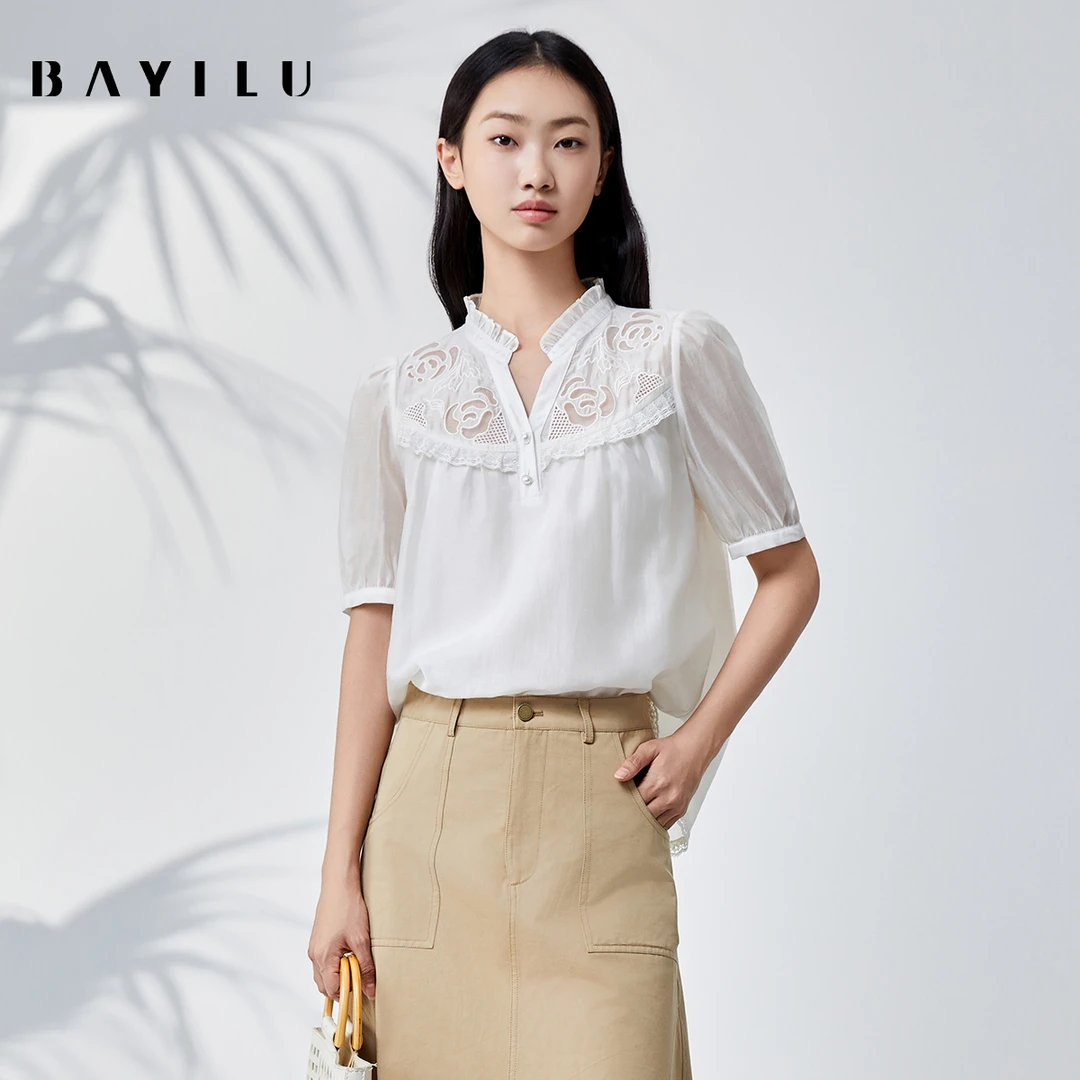 【毛毛专属】芭依璐夏季衬衫女镂空莱赛尔显瘦上衣90C1016