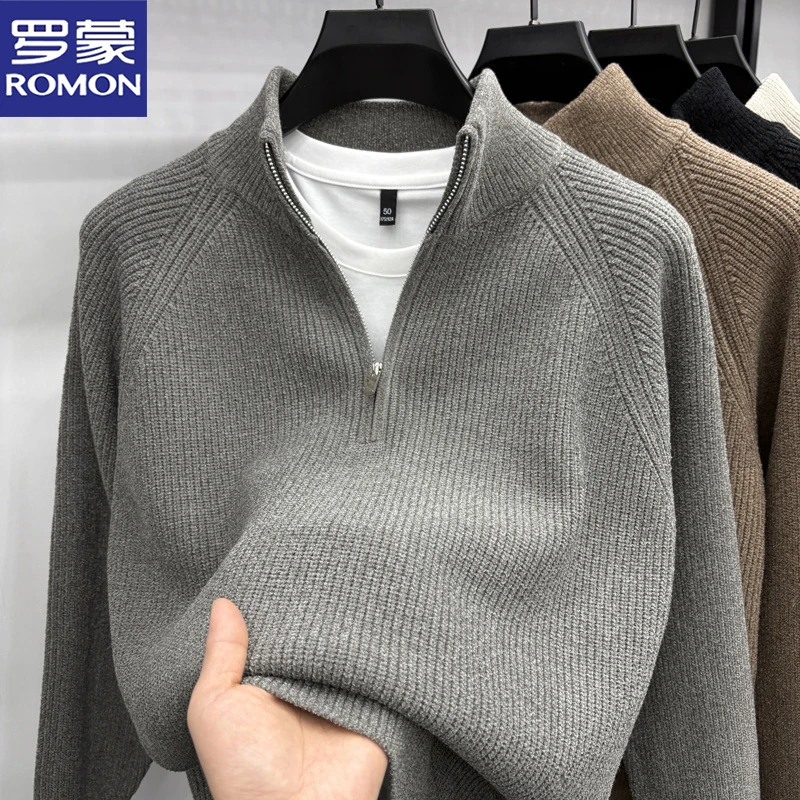 罗蒙美式休闲复古粗针毛衣秋冬男士插肩提花套头加厚半拉链针织衫