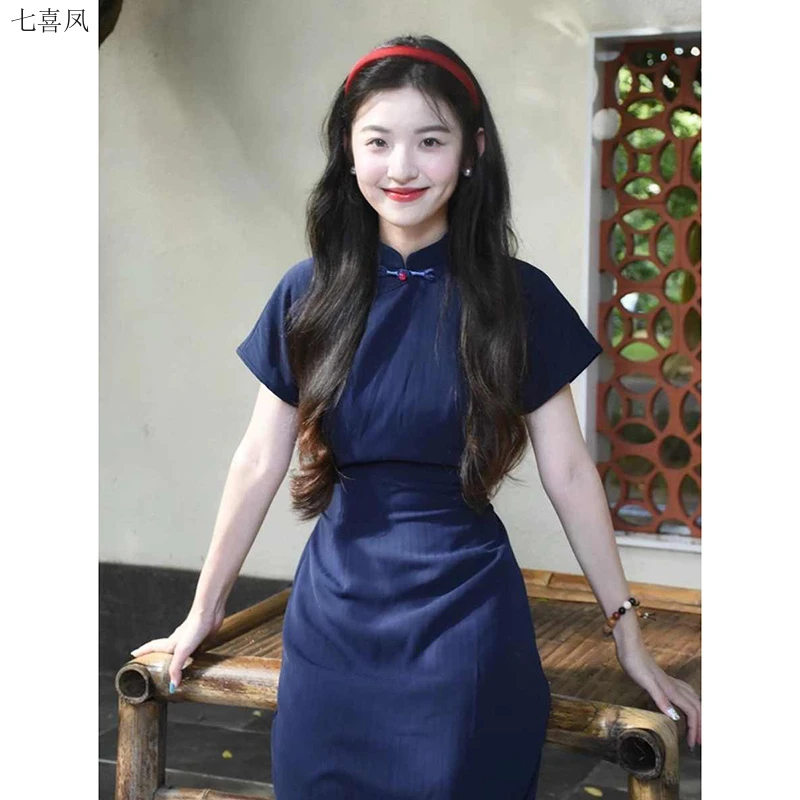 复古风文艺改良短袖透气连衣裙滚边设计低衩女