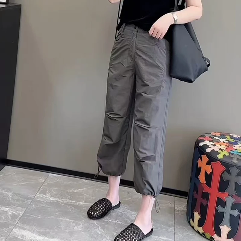 2025夏季新款高腰直筒八分休闲裤女大码宽松显瘦薄款束脚工装裤子