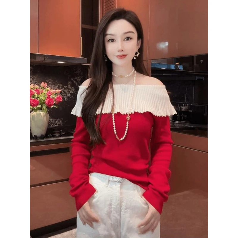 欧货爆款上衣高级感轻奢减龄洋气设计感小众红色一字肩T恤女秋季