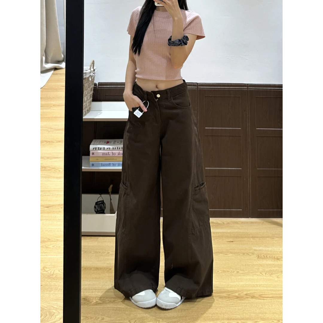 韩版高级感咖色阔腿工装裤女秋冬新款美拉德式棕色宽松显瘦牛仔裤