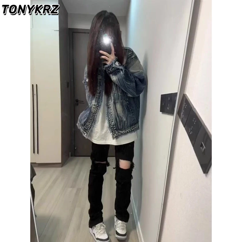 TONYKRZ美式复古高街hiphop破洞牛仔裤男女夏季设计感小众微喇裤