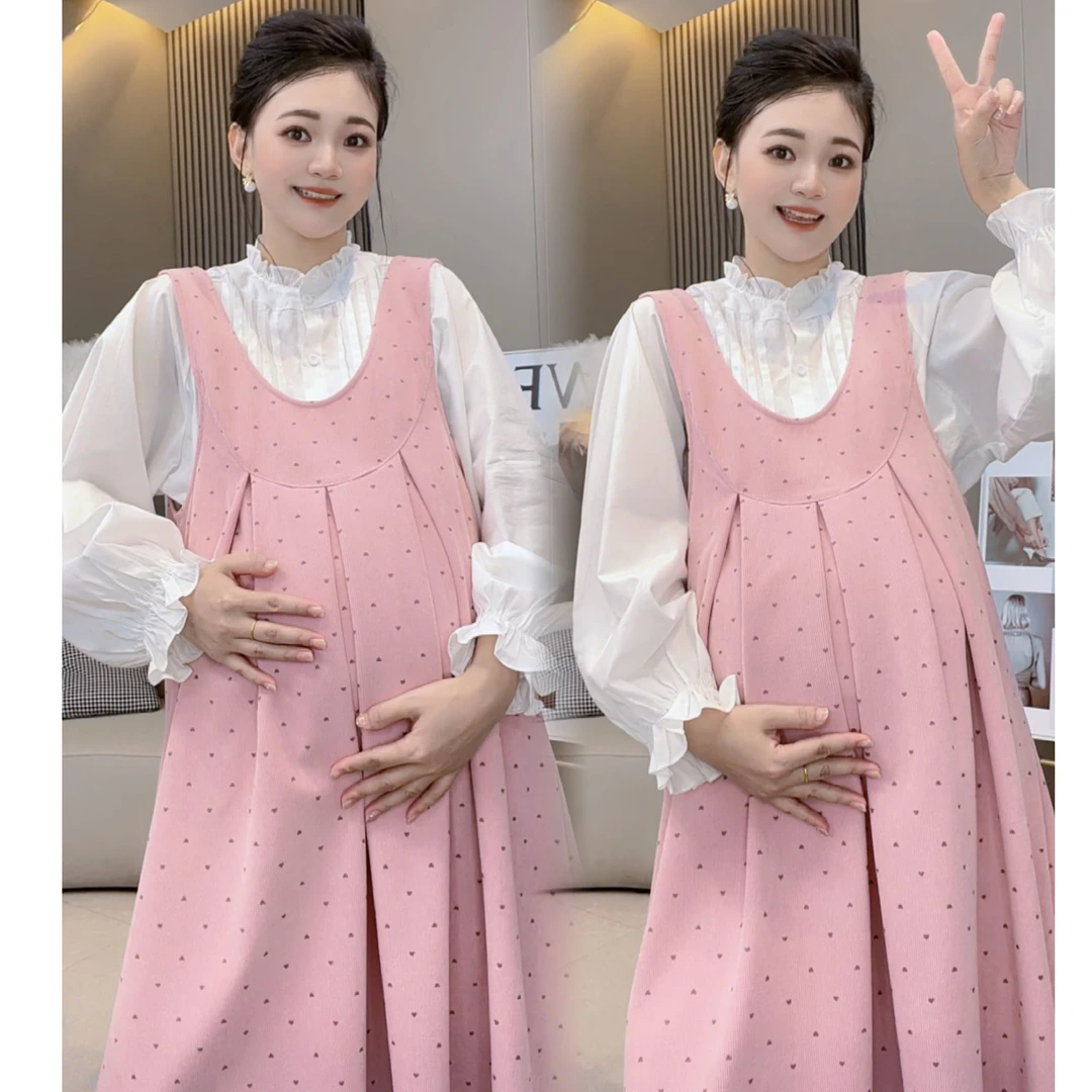 2025加厚灯芯绒秋冬款减龄孕妇套装爱心背心长裙+衬衫打底春秋