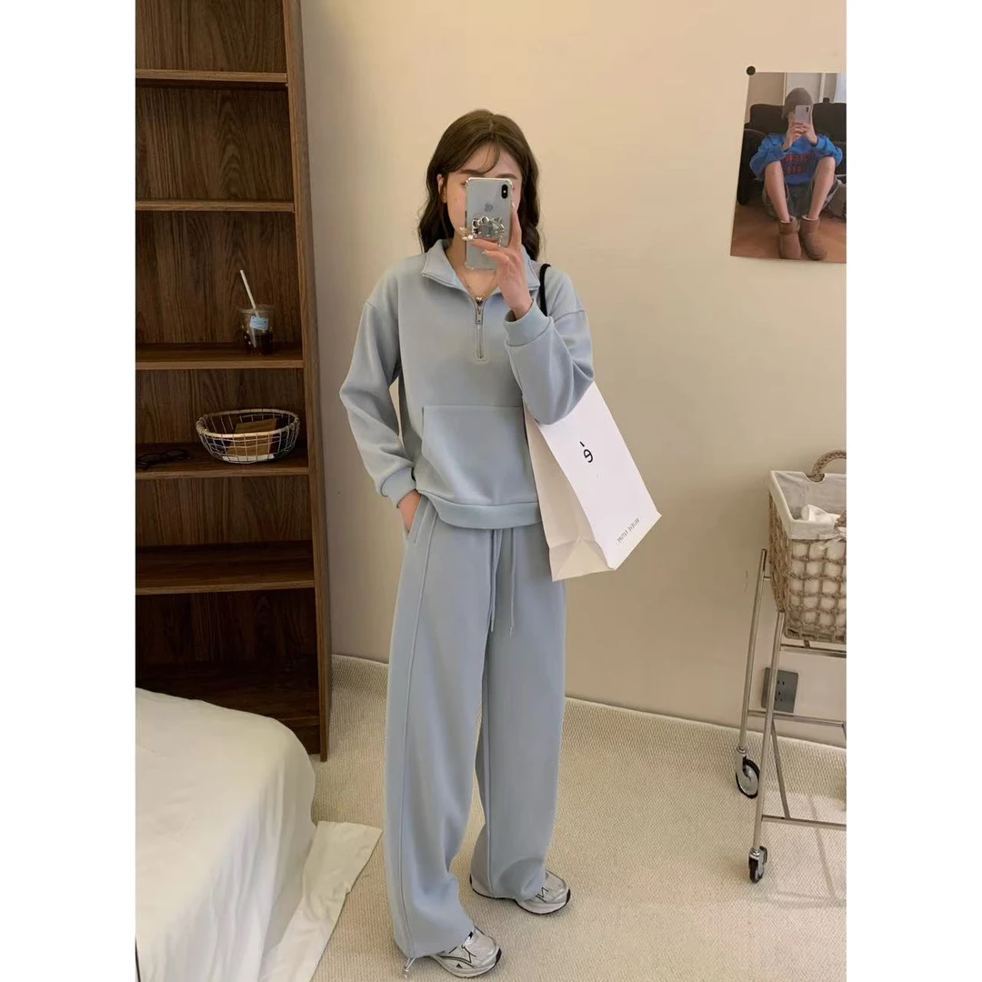 洋气休闲半拉链卫衣+高腰显瘦直筒裤套装
