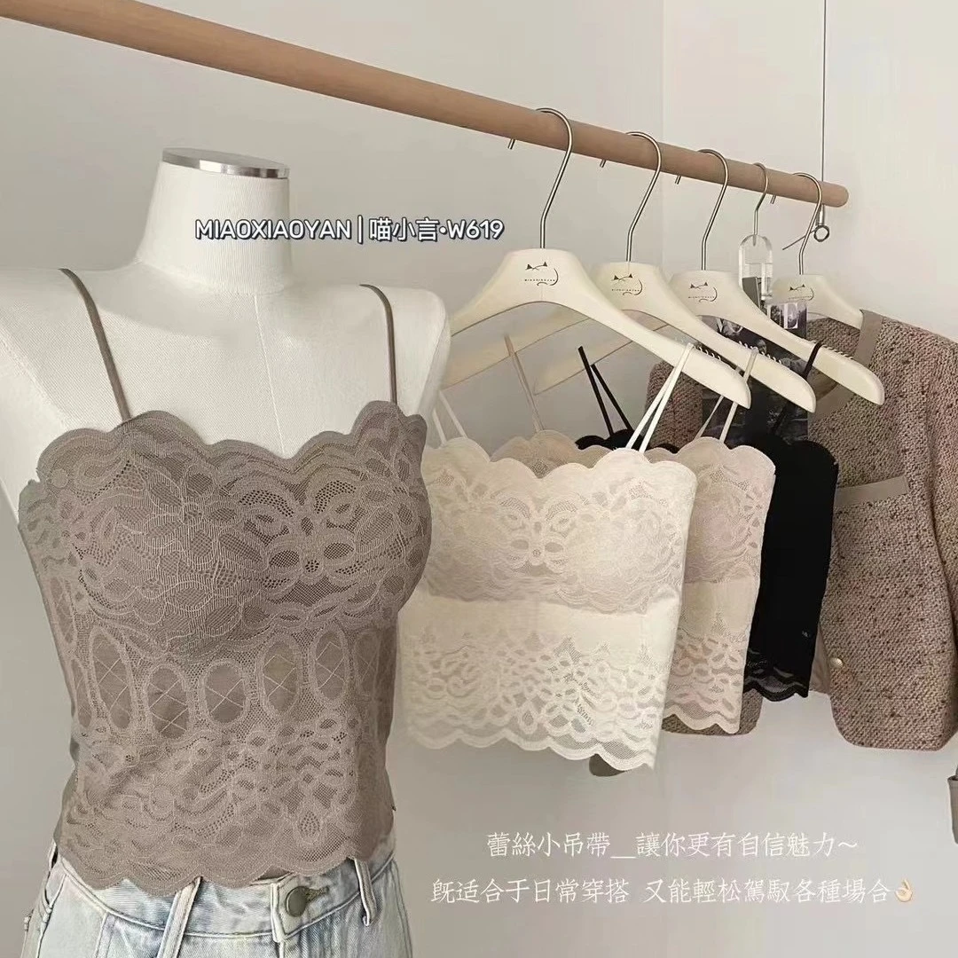 夏法式美背纯欲吊带背心波浪边防走光带胸垫内搭性感裹胸女时尚