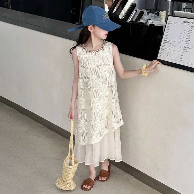 [麦哆哆」女童中大童夏季韩系时髦百搭波西米亚风蕾丝拼接连衣裙潮