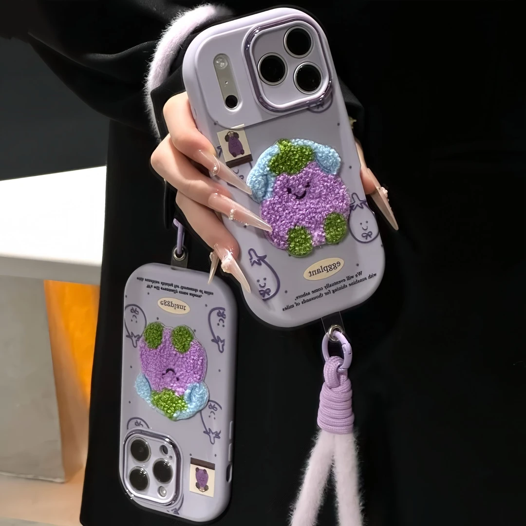 可爱小茄子刺绣适用苹果17/16promax挂绳手机壳华为vivoppo小米15