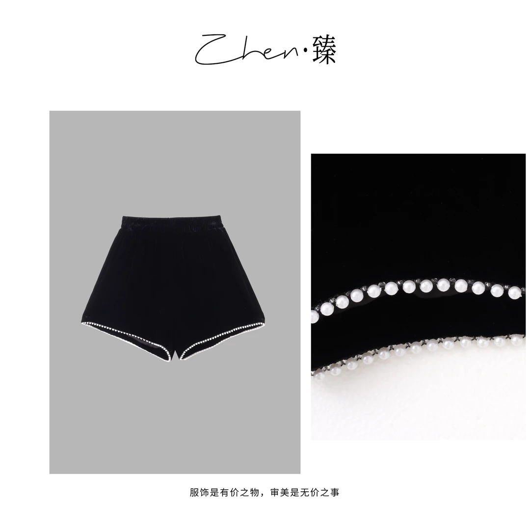 ZHEN.臻 法式千金手串钉珠松紧腰阔腿真丝丝绒百搭短裤DK8149Z