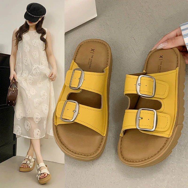 帕可妮厚底勃肯拖鞋女夏季外穿软底2025配裙子沙滩鞋真皮休闲一字
