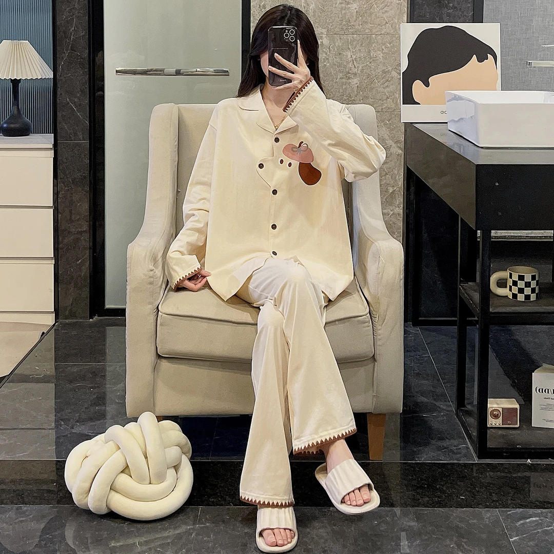 纯棉睡衣女春秋季长袖大码舒适2025新款家居服杏色小狗可外穿套装