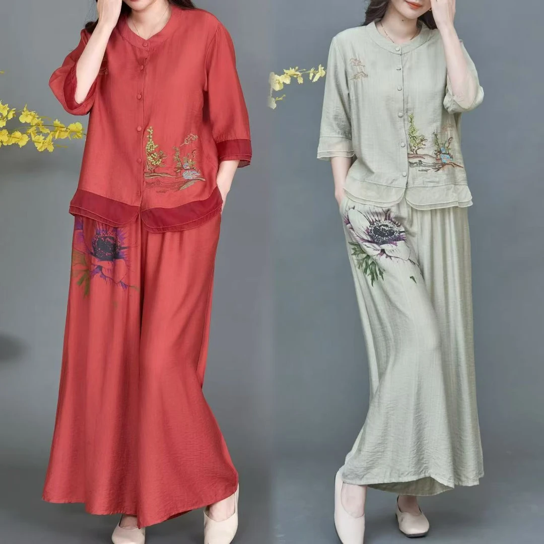 民族风国风小立领手绘开衫短款中袖上衣裤子两件套套装日常6023