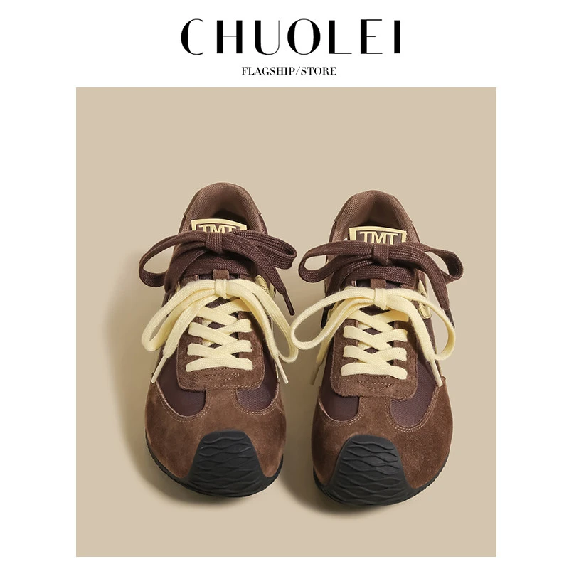 王一博爆款德训鞋女2025春夏季新款丑萌棕色平底阿甘运动老爹鞋潮