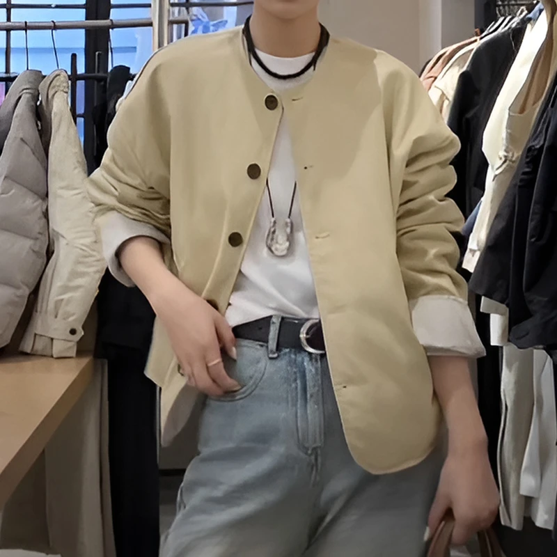 韩国chic春秋复古帅气圆领宽松休闲百搭长袖PU皮机车服皮衣外套女