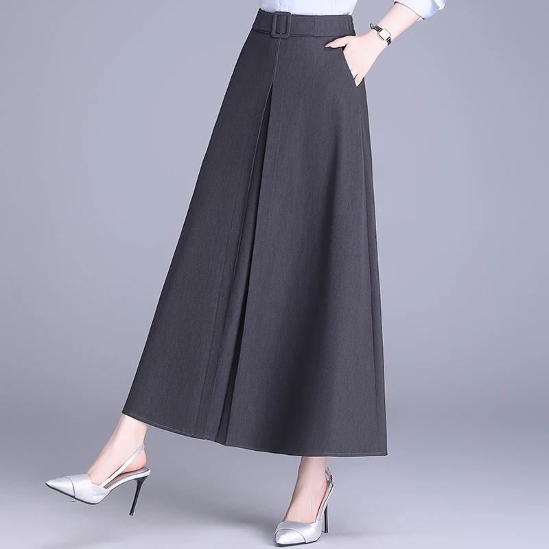 高腰气质a字长裙灰色西装裙2025春夏半身裙显瘦大摆遮胯百褶裙子