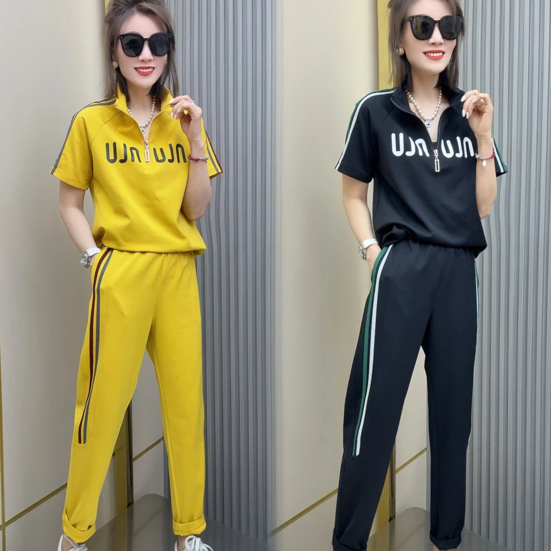 字母印花短袖休闲裤两件套