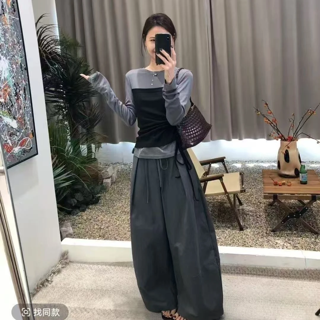时尚撞色拼接假两件长袖上衣女2025秋冬新款系带收腰阔腿裤套装潮