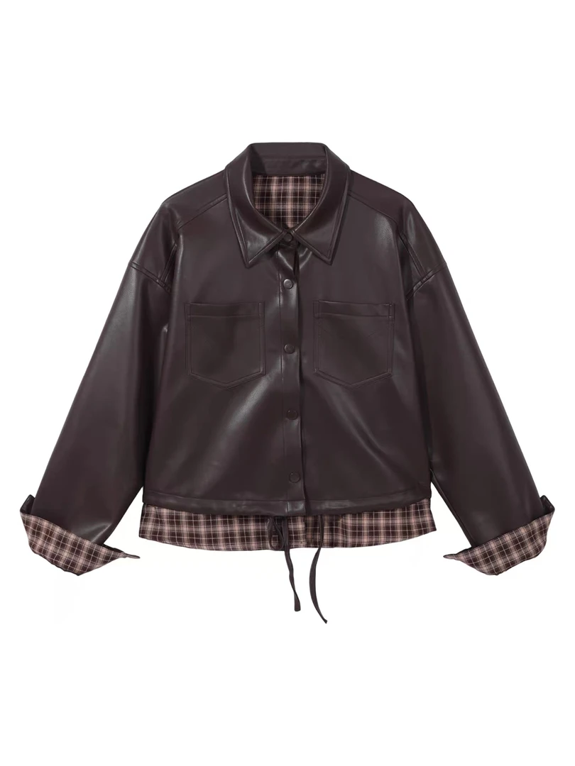 [街调]时尚街头风拼接皮衣常规短外套上搭格纹假两件百搭设计感