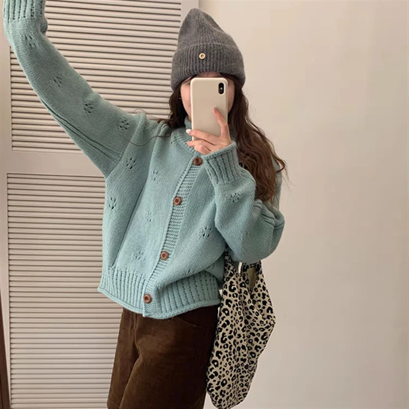 韩系复古钩花设计感毛衣开衫秋冬新款慵懒风卷边立领加厚针织上衣