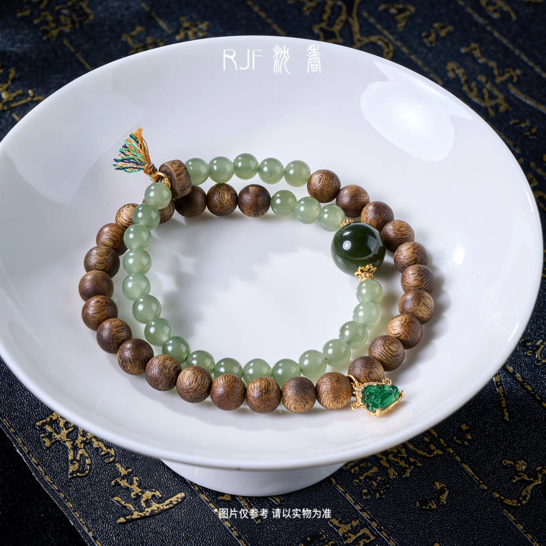 RJF 沉香【木有扶苏】圆形沉香佛珠搭配转运珠双圈手串文玩珍品
