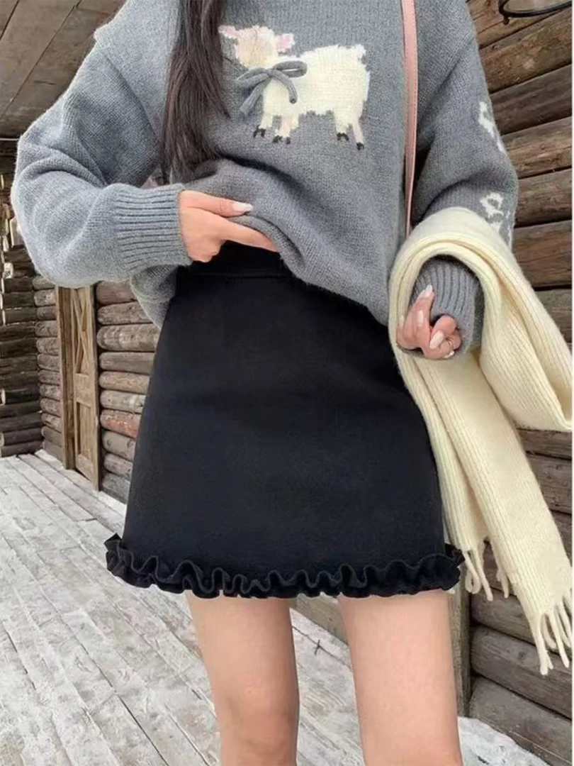 【61065】依#设计感木耳边百搭呢子半身裙