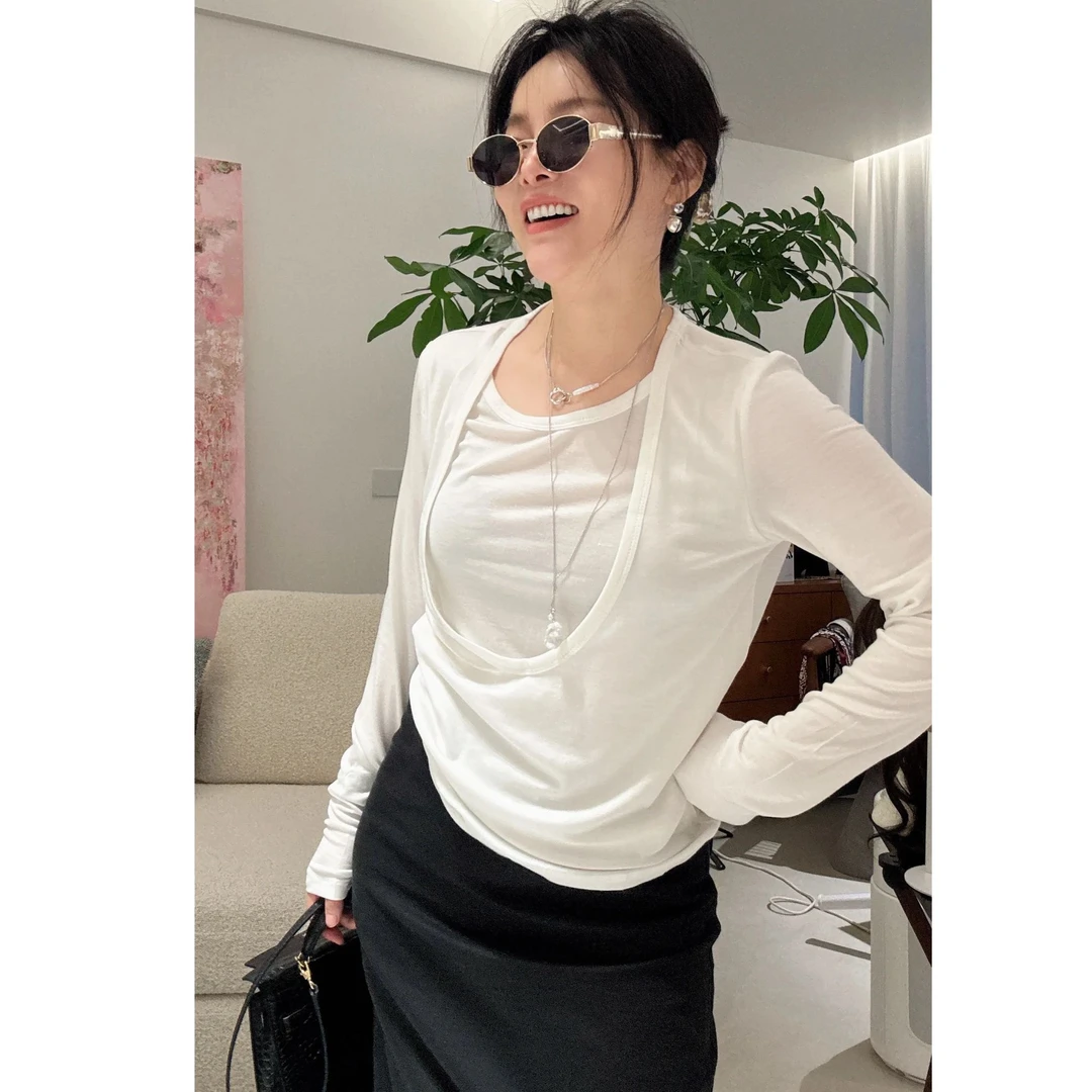 莱赛尔羊毛柔软大U领假两件打底衫