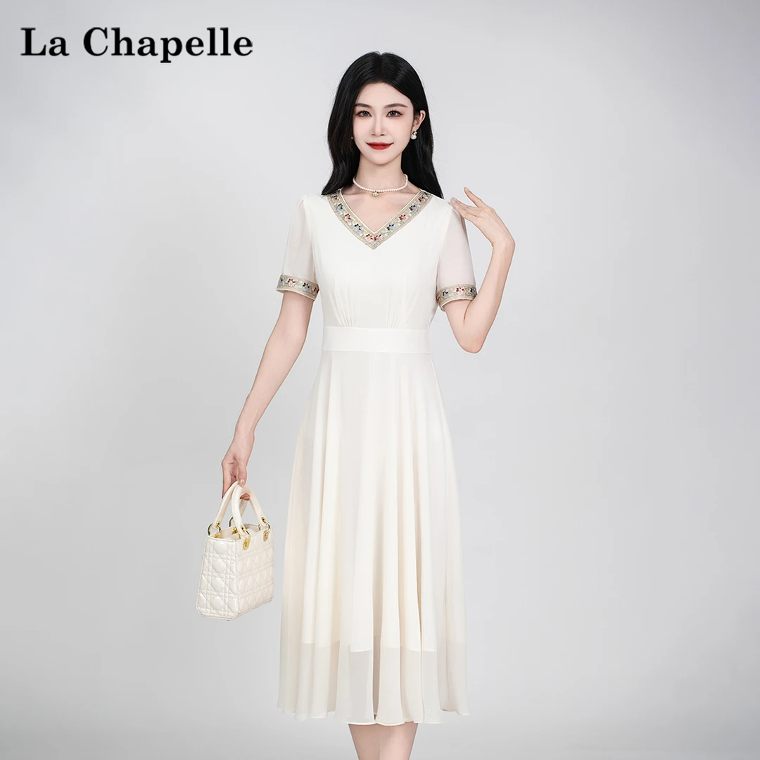 【拉夏贝尔】夏季法式设计感显瘦松紧腰短袖连衣裙