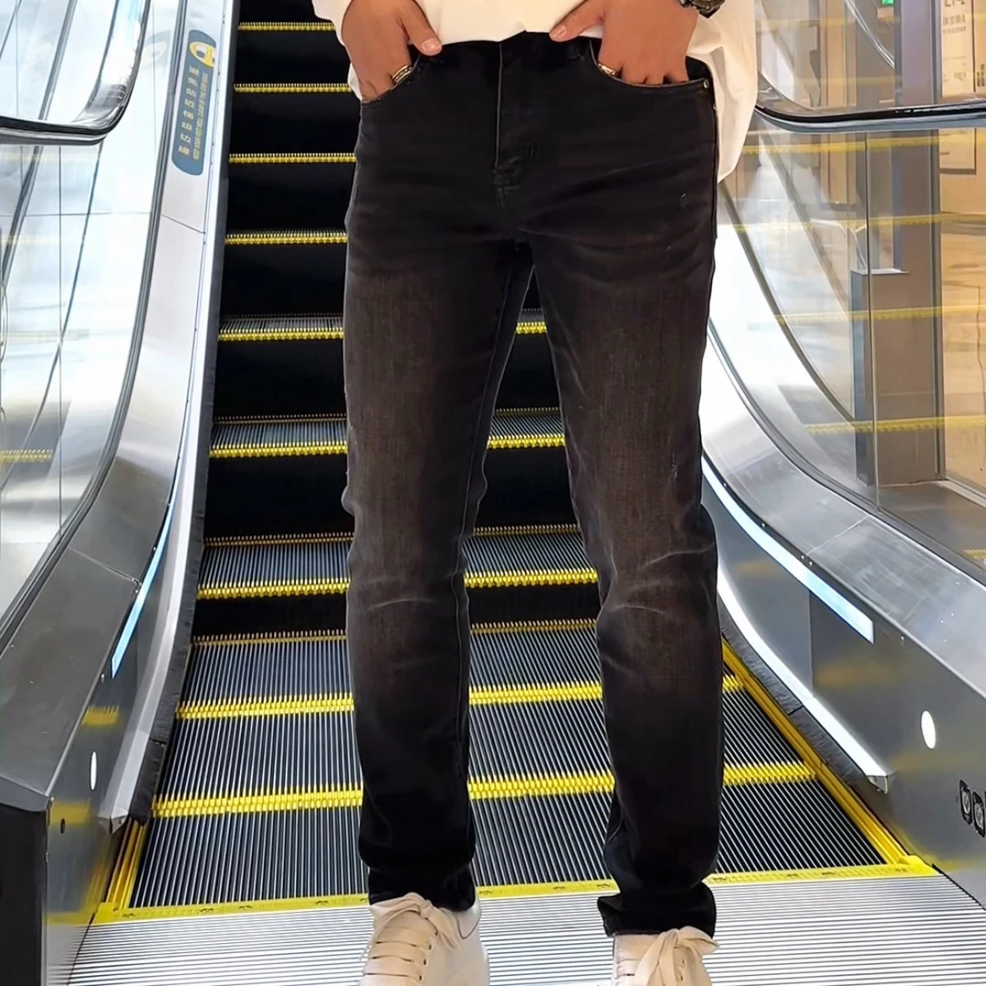 秋冬厚款烟灰色男牛仔裤子休闲裤修身轻奢显瘦中腰小脚裤百搭