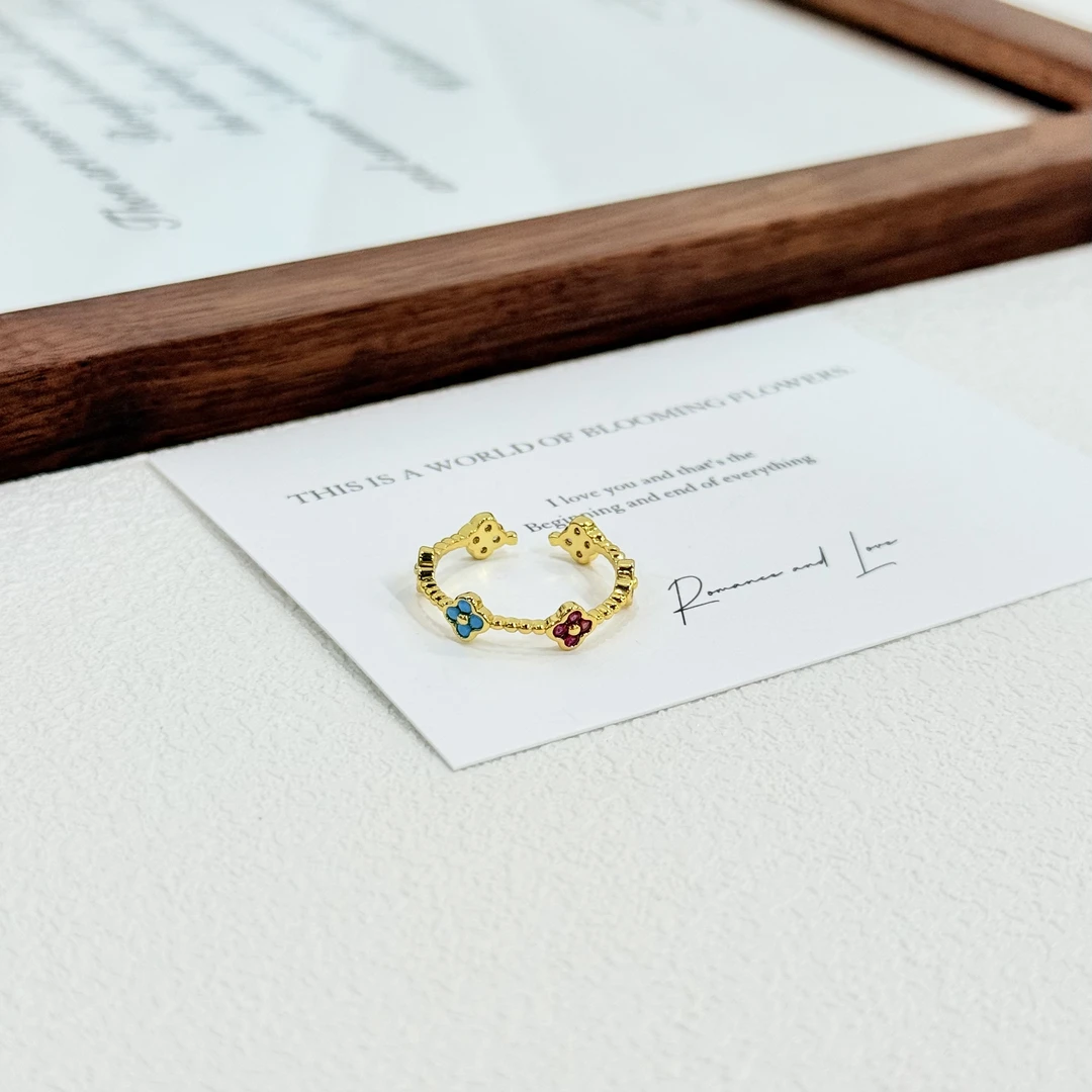 铜合金戒指 D-05多巴胺彩色四叶草小众设计高级感开口戒指