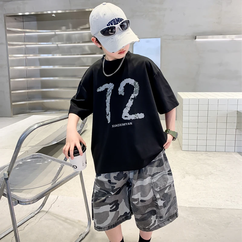 【高品质】男童夏季套装儿童短袖两件套中大童迷彩短袖套装T恤短裤
