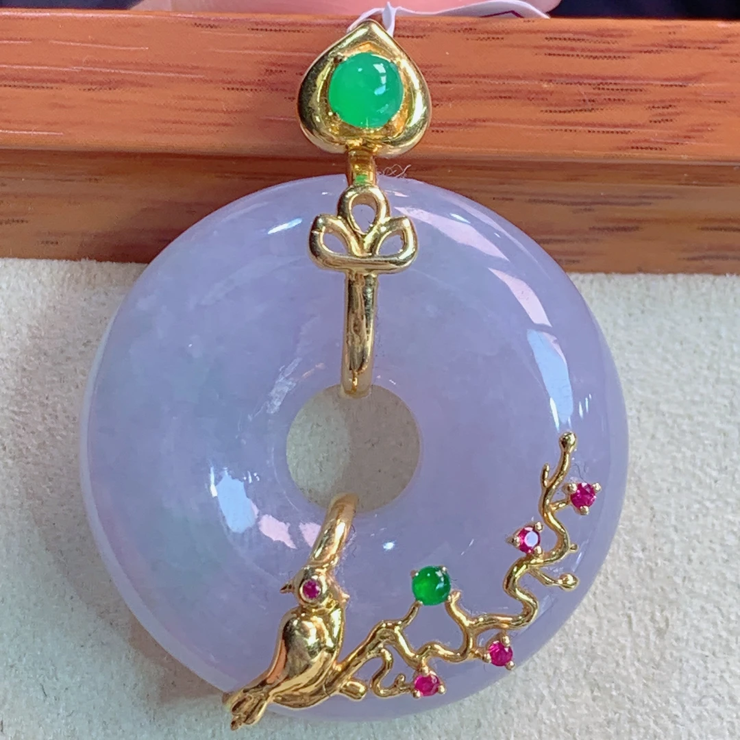 天然缅甸A货翡翠18k金j紫罗兰甜甜圈lr喜上眉梢41.8石32.8/10.6mm