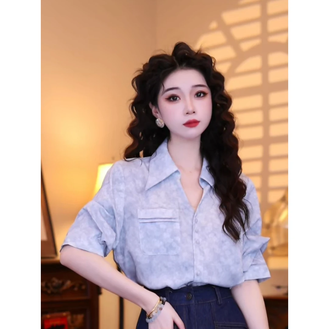 蒋肉肉【一束蓝】港味复古时尚气质短袖上衣02651