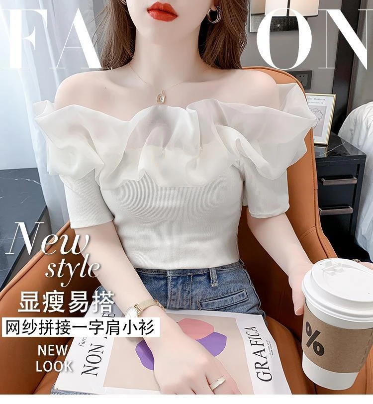 短袖女2025年新款爆款独特别致t恤短款性感高级感一字肩上衣夏季