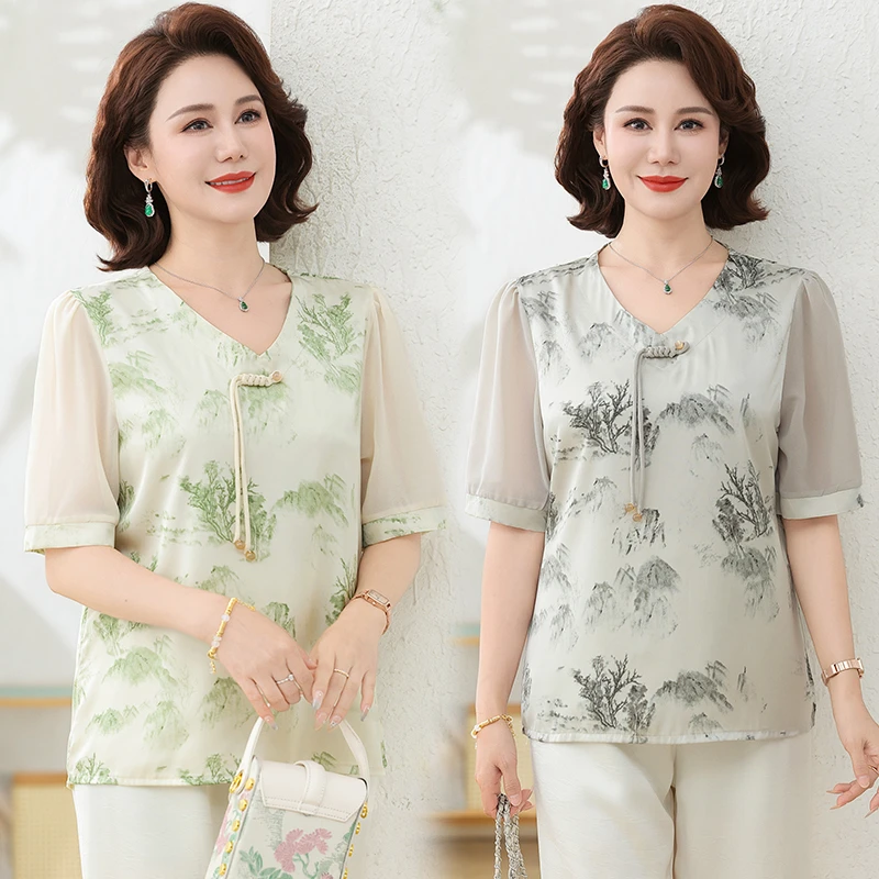 2025新款中年妈妈夏装套装T恤小衫洋气衣服女中老年人短袖两件套