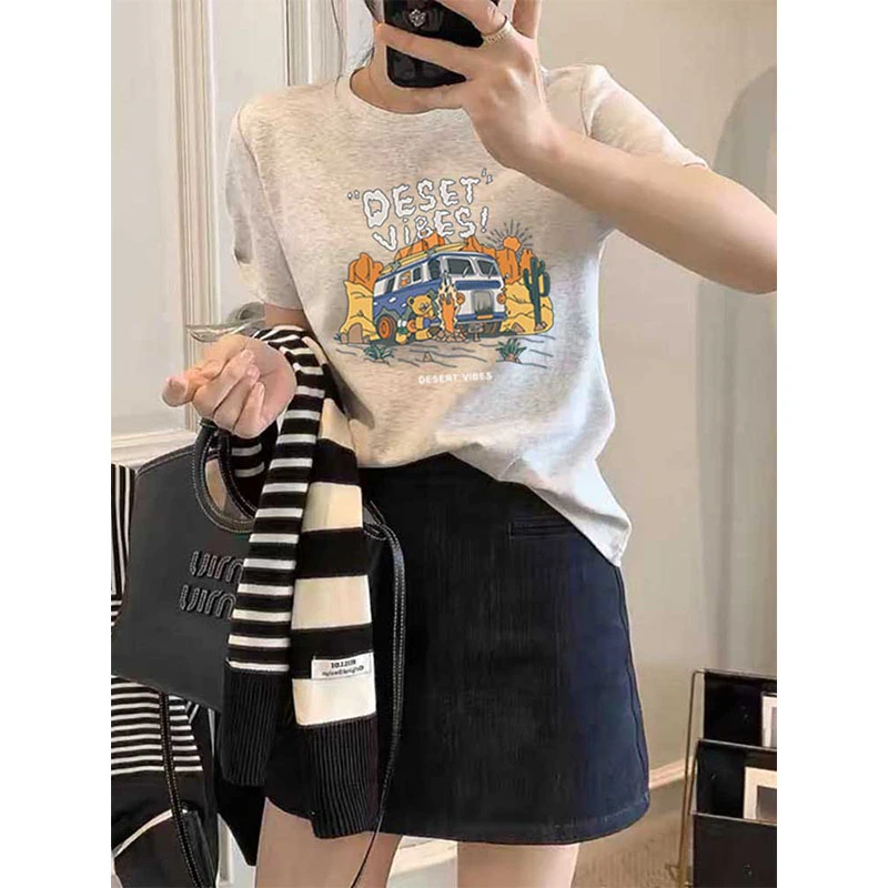 正肩高级圆领短袖女装t恤2025新款时尚百搭洋气浅花灰色上衣夏季