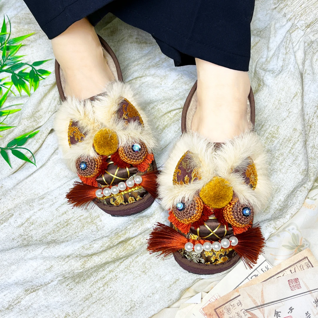 冬款欣锦色咖棕非遗成人虎头鞋千层底布鞋古风绣花休闲女传统软