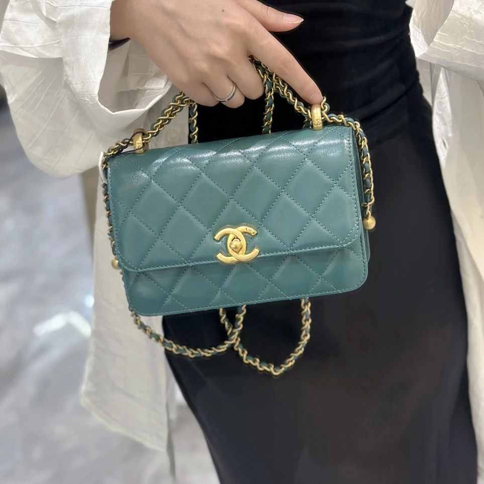 95新 Chanel/香奈儿 多多奢品 香奈儿24c孔雀绿双金珠斜挎包/98新