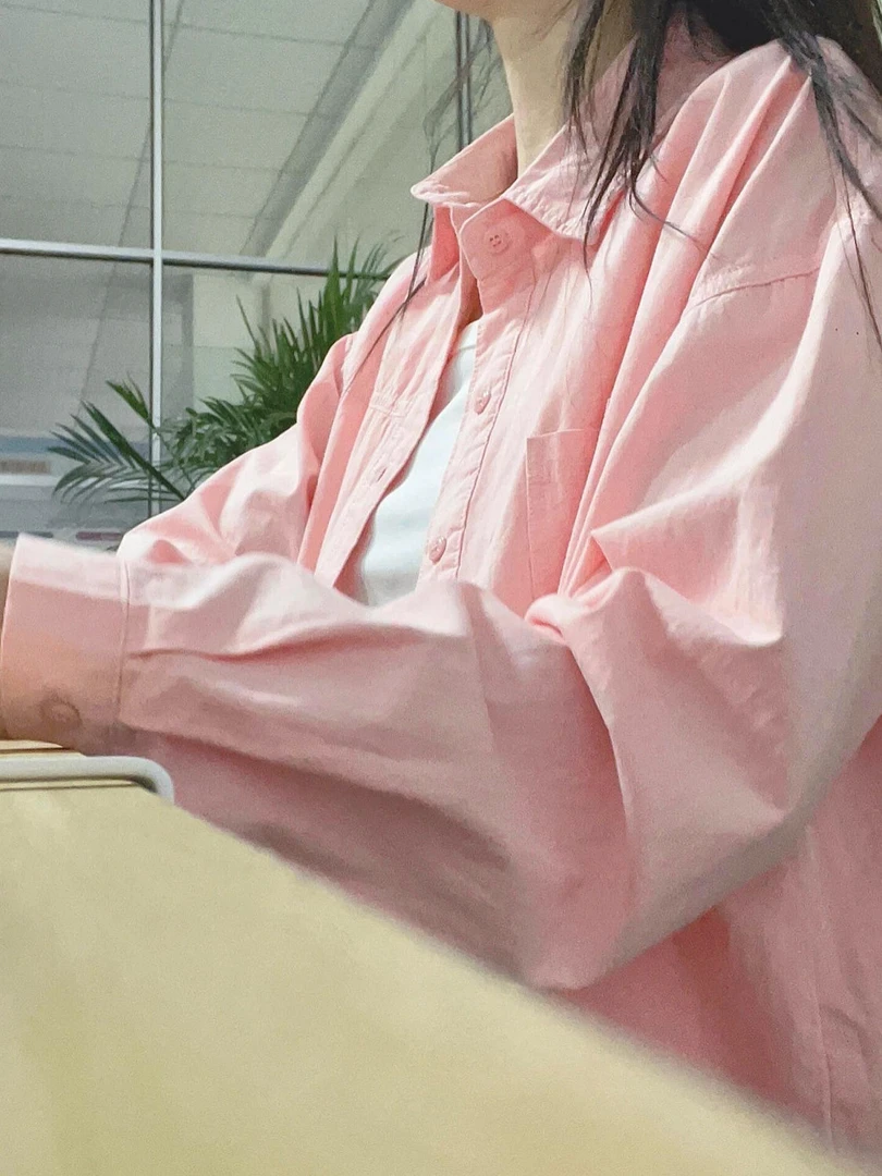 年轻ins嫩粉色100%纯棉衬衫女小清新宽松遮肉显瘦长袖衬衣外穿衫