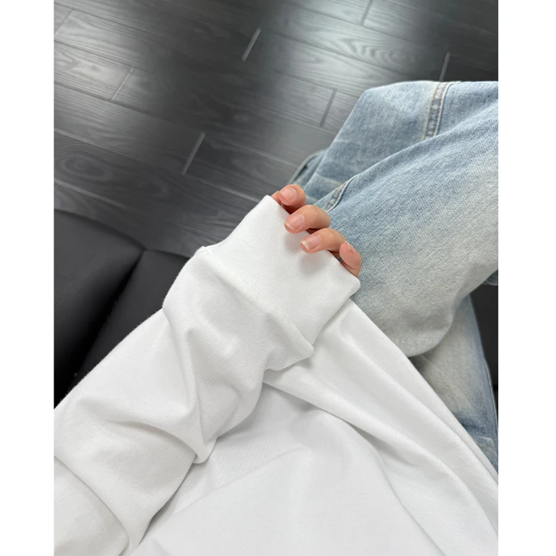 美式纯色三本针长袖T恤男女装百搭打底衫纯棉圆领卫衣内搭上衣服