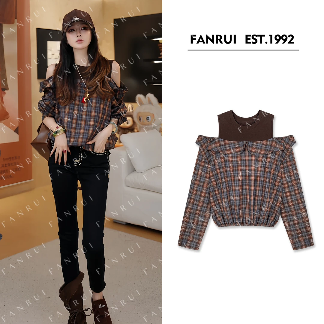 抖音双11泛芮「贝贝biuu」格纹洋气假两件漏肩设计感减龄卫衣B17790
