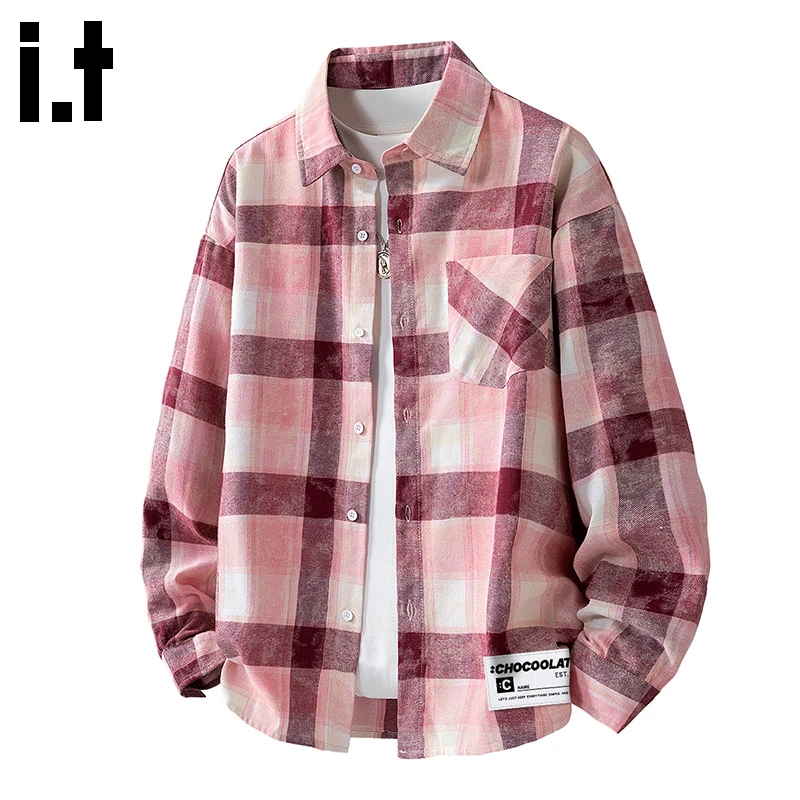 i.t:CHOCOOLATE男款美式格子衬衫2025年秋冬新款粉色休闲长袖衬衣