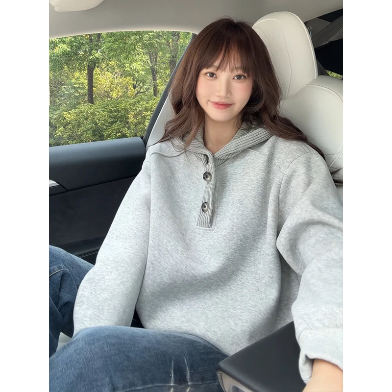 纽扣连帽卫衣春秋季男女款重磅韩系vibe穿搭长袖T恤宽松百搭外套