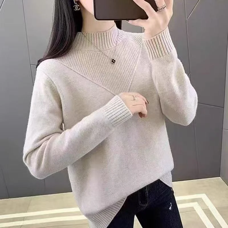 712【米色交叉半高领加厚毛衣】高级感气质针织女毛衣